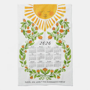 2026 Calendar Cute Sun Orange Flowers Floral Kitchen Towel