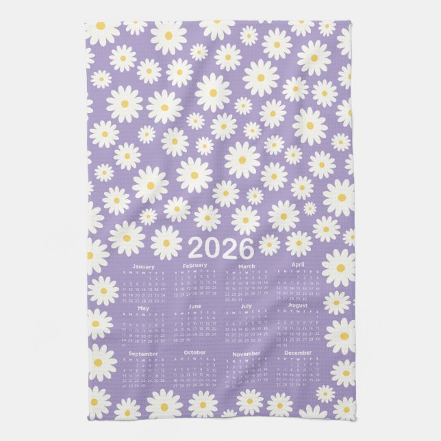 2026 Calendar Daisy Flower Pattern Kitchen Towel (Vertical)