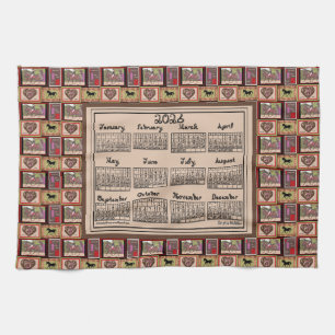2026 Calendar Dressage Horse Collage Fabric Font Kitchen Towel
