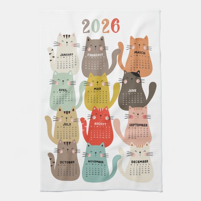 2026 Calendar Earth Tones Cats Kitchen Towel (Vertical)