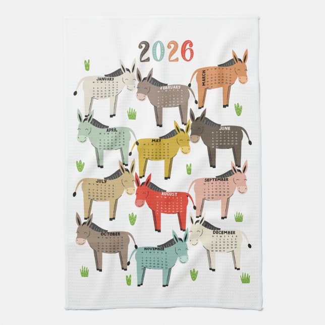 2026 Calendar Earth Tones Donkey Kitchen Towel (Vertical)
