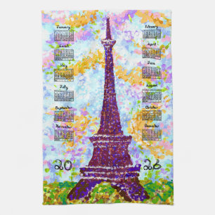 2026 Calendar Eiffel Tower Pointillism Landscape  Kitchen Towel