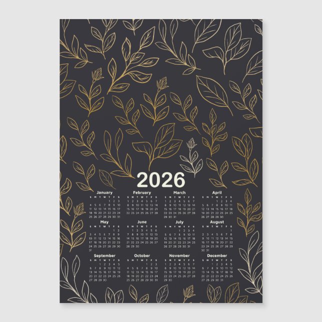 2026 Calendar Elegant Gold Leaves Pattern  (Front)