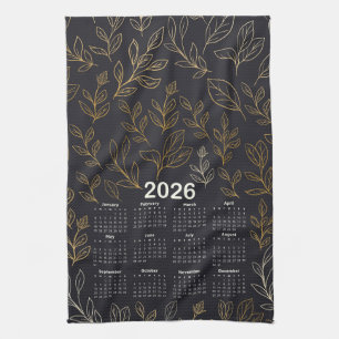 2026 Calendar Elegant Gold Leaves Pattern  Kitchen Towel
