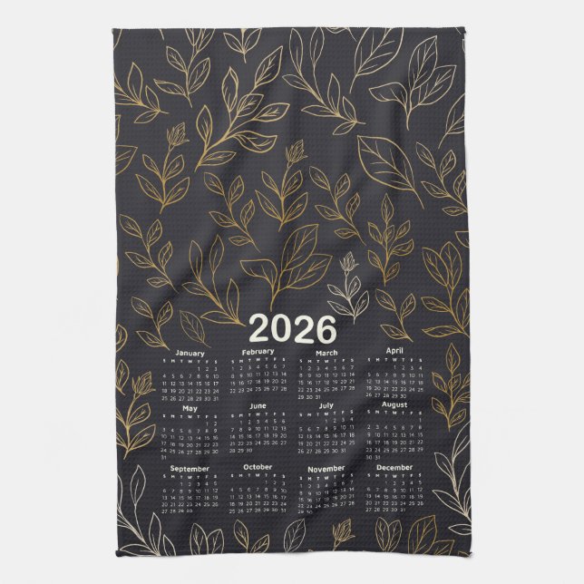 2026 Calendar Elegant Gold Leaves Pattern  Kitchen Towel (Vertical)