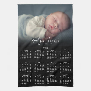 2026 Calendar Elegant Script Name Photo Kitchen Towel