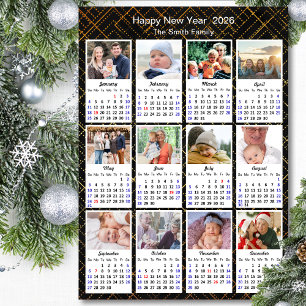 2026 Calendar Family 12 Photo Modern Black Gold
