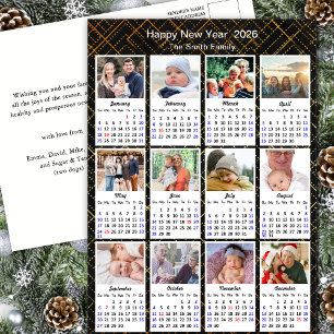 2026 Calendar Family 12 Photo Modern Black Gold Holiday Postcard