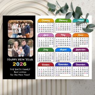 2026 Calendar Family 2 Photo Modern Black Colourfu Holiday Card