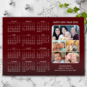 2026 Calendar Family 5 Photo Modern Red Minimalist Holiday Card