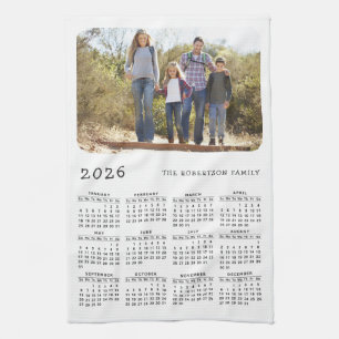2026 Calendar Family Name Photo Simple White Black Kitchen Towel