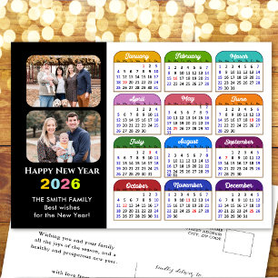2026 Calendar Family Photo Modern Black Colourful Holiday Postcard