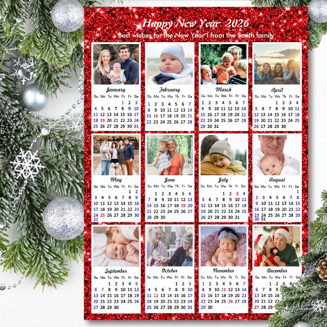 2026 Calendar Festive Red Glitter 12 Photo Collage Holiday Card (Creator Uploaded)