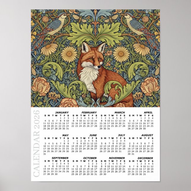 2026 Calendar, Garden Fox, Hoopoe, William Morris Poster (Front)