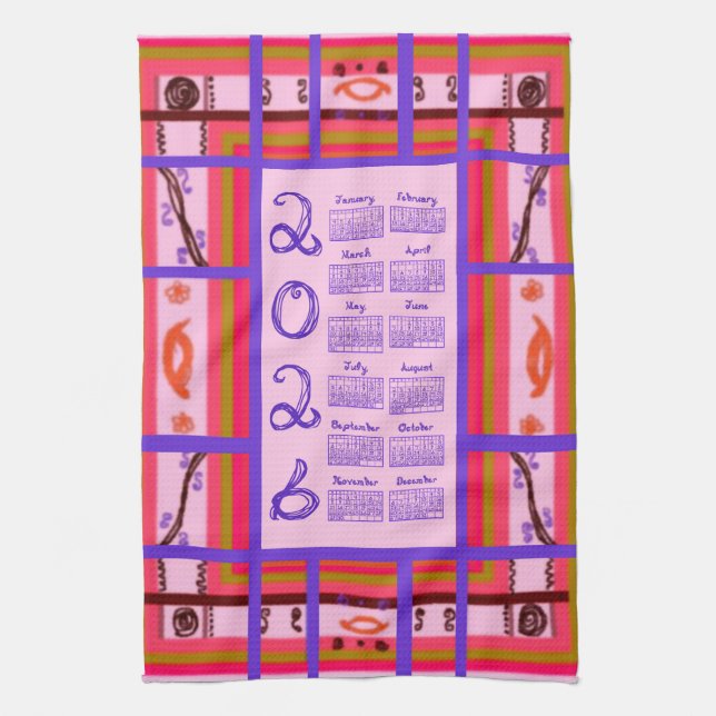 2026 Calendar Girl Power Curvy Plaid Frame Kitchen Towel (Vertical)