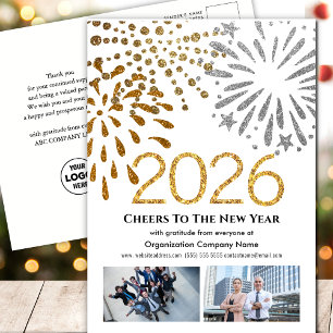 2026 Calendar Gold Glitter Fireworks Business Logo Holiday Postcard