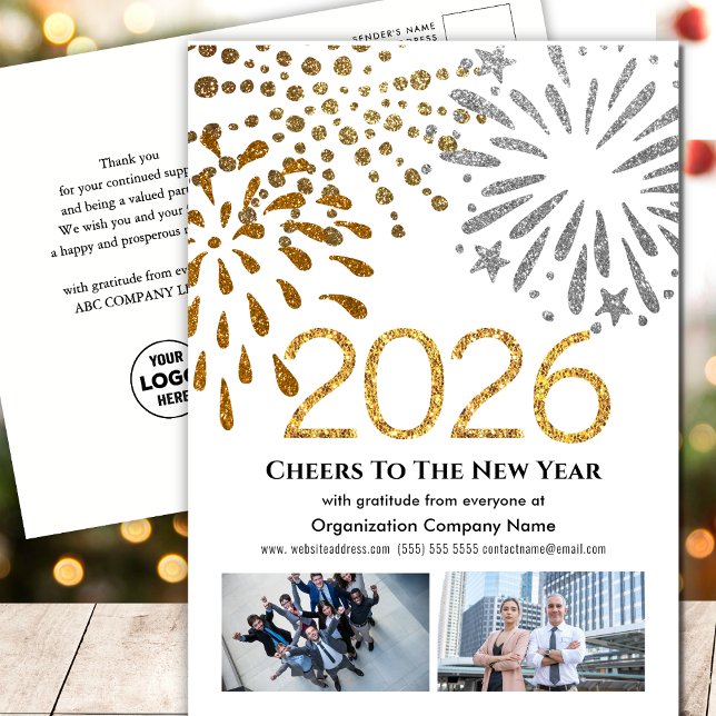 2026 Calendar Gold Glitter Fireworks Business Logo Holiday Postcard (Creator Uploaded)