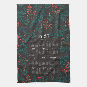 2026 Calendar Green Leaves and Red Floral Black Kitchen Towel