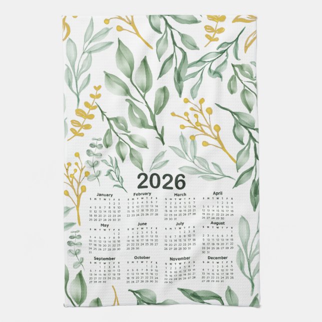 2026 Calendar Green Leaves & Golden Yellow Floral Kitchen Towel (Vertical)