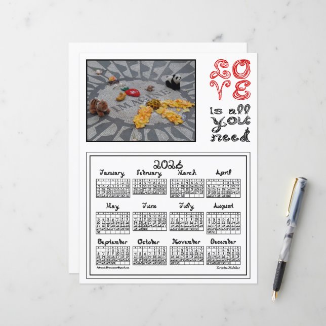 2026 Calendar Imagine Peace Photo Love Fabric Font (Front/Back In Situ)
