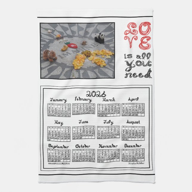 2026 Calendar Imagine Peace Photo LOVE Fabric Font Kitchen Towel (Vertical)
