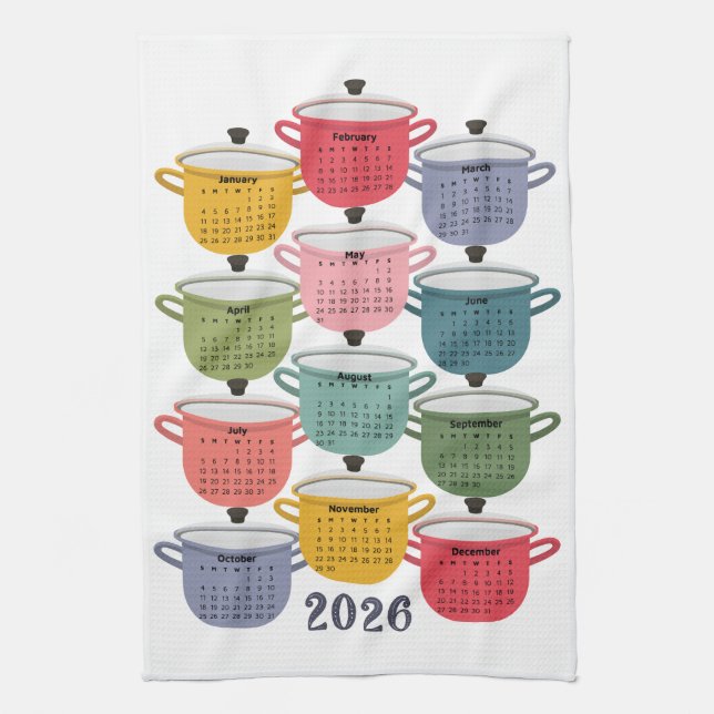 2026 Calendar Kitchen Colourful Cookware Towel (Vertical)