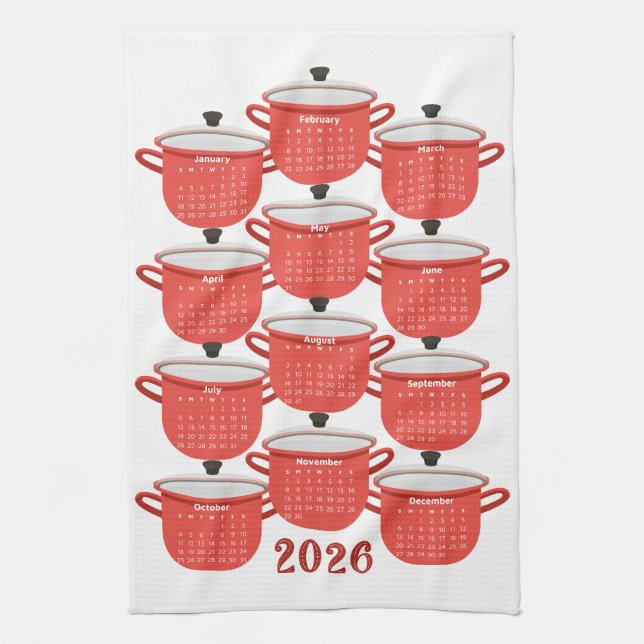 2026 Calendar Kitchen Red Cookware Towel (Vertical)