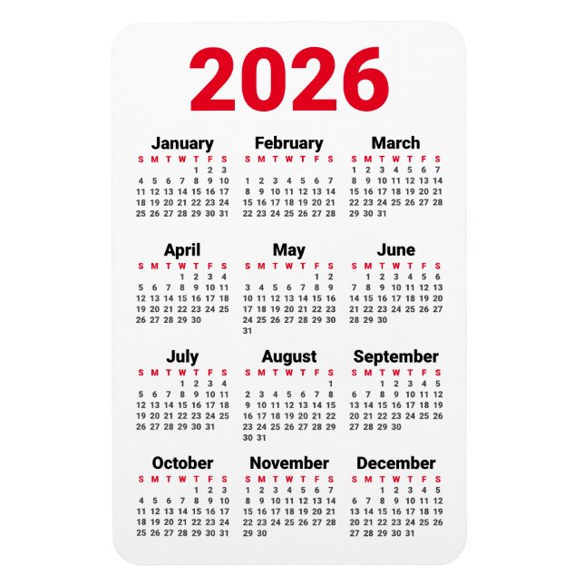 2026 Calendar Magnet | Red Black Gray White (Vertical)