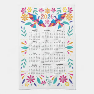 2026 Calendar Mexican Flying Otomi Birds & Flowers Kitchen Towel