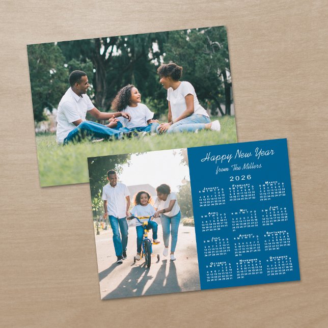 2026 Calendar Modern Blue 2 Photo Happy New Year Holiday Card (2026 Calendar Modern Blue 2 Photo Happy New Year Holiday Card, front/back)