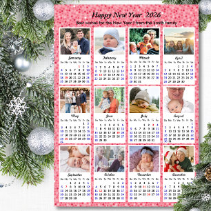2026 Calendar Modern Family 12 Photo Festive Pink Holiday Card