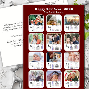 2026 Calendar Modern Family 12 Photo Red Glitter Holiday Postcard