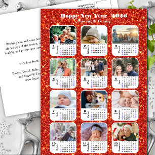 2026 Calendar Modern Family 12 Photo Red Glitter Holiday Postcard