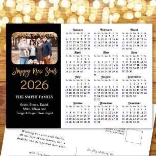 2026 Calendar Modern Gold Glitter Photo Minimalist Holiday Postcard