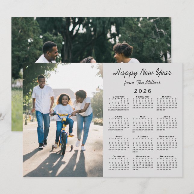2026 Calendar Modern Grey 2 Photo Happy New Year Holiday Card (Front/Back)