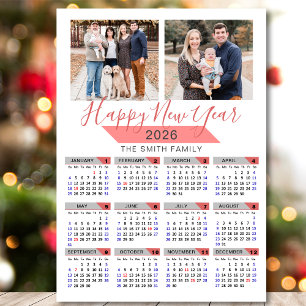 2026 Calendar Modern Pink Family 2 Photo Magnetic