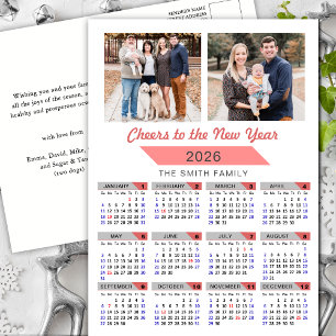 2026 Calendar Modern Pink Family Photo Minimalist Holiday Postcard