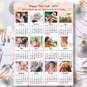 2026 Calendar Modern Pink Glitter 12 Photo Collage Holiday Card