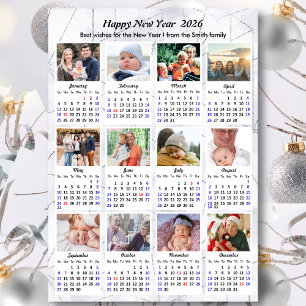 2026 Calendar Modern Silver 12 Photo Collage Holiday Card