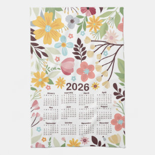 2026 Calendar Multicolor Hand Drawn Floral Kitchen Towel