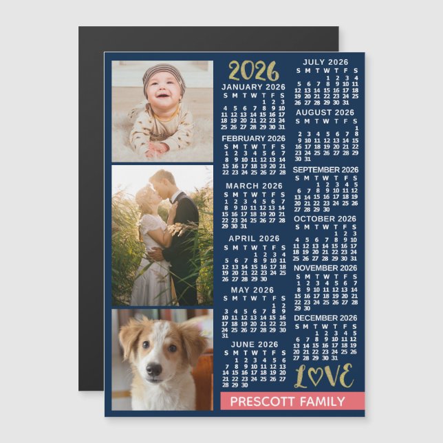 2026 Calendar Navy Coral Gold Custom Photo Collage Magnetic Invitation (Front/Back)