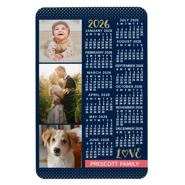 2026 Calendar Navy Coral Gold Family Photo Collage Magnet (Vertical)