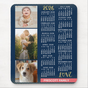 2026 Calendar Navy Coral Gold Family Photo Collage Mouse Pad
