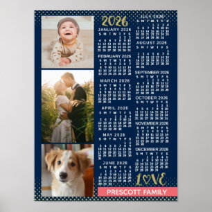 2026 Calendar Navy Coral Gold Family Photo Collage Poster