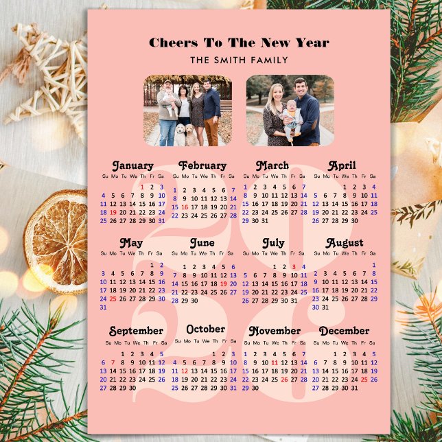 2026 Calendar New Year Elegant Pink Family 2 Photo Holiday Card (Creator Uploaded)