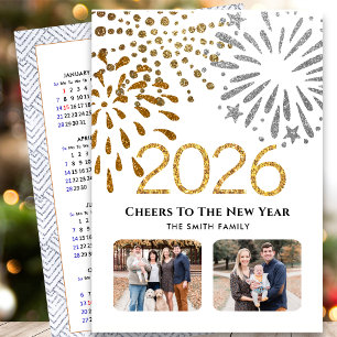2026 Calendar New Year Firework Gold Family Photo Holiday Card