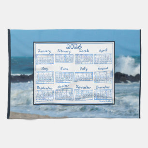 2026 Calendar Ocean Waves Beach Rocks Fabric Font Kitchen Towel