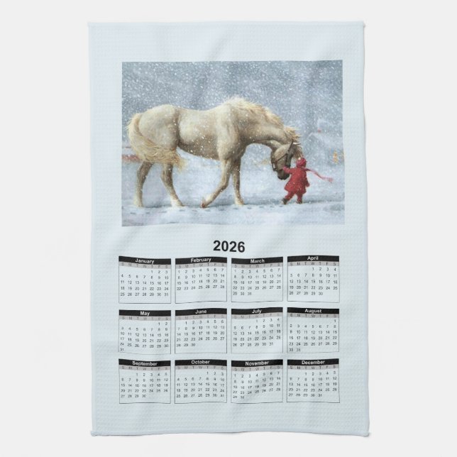 2026 Calendar of a Horse and Girl in Winter Snow Kitchen Towel (Vertical)