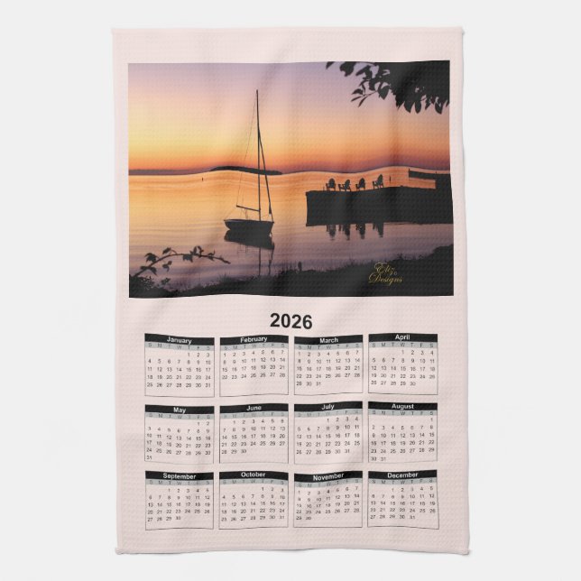 2026 Calendar of a Sunset on Lake with Silhouette  Kitchen Towel (Vertical)