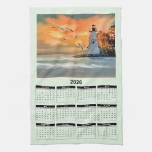 2026 Calendar of a White Lighthouse in Sunset Kitchen Towel